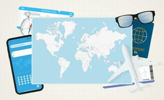 Tourism and travel illustration, world map and travel equipment. vector