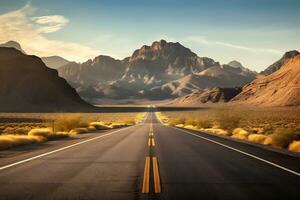 AI Generative Straight road in the desert with mountain backdrop photo