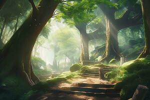 AI Generative image of magical forest scene with lush greenery with anime style photo