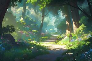 AI Generative image of magical forest scene with lush greenery with anime style photo