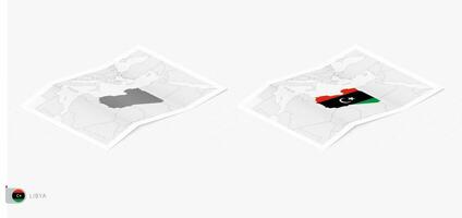 Set of two realistic map of Libya with shadow. The flag and map of Libya in isometric style. vector