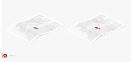 Set of two realistic map of Tunisia with shadow. The flag and map of Tunisia in isometric style. vector