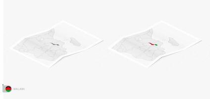 conjunto de dos realista mapa de malawi con sombra. el bandera y mapa de malawi en isométrica estilo. vector