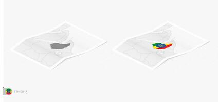 Set of two realistic map of Ethiopia with shadow. The flag and map of Ethiopia in isometric style. vector