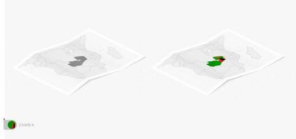 Set of two realistic map of Zambia with shadow. The flag and map of Zambia in isometric style. vector