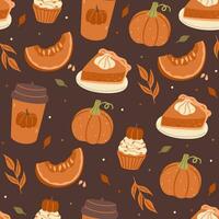 Seamless autumn pattern with pumpkins, food and drinks. Vector graphics.