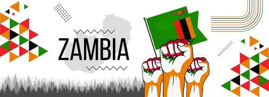 Flag and map of Zambia with raised fists. National day or Independence day design for Zambian celebration. Modern retro design with abstract geometric icons. Vector illustration