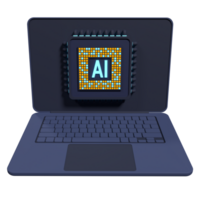 3D render laptop computer with microchip. AI chip hardware concept. Futuristic microchip on laptop. Laptop artificial intelligence. 3D rendering png