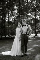 wedding walk of the bride and groom in a coniferous photo