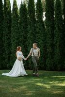 wedding walk of the bride and groom in a coniferous photo