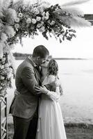 wedding ceremony of the newlyweds in a country cottage photo