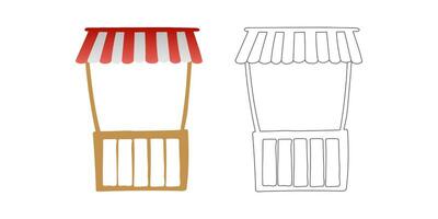 Vector illustration of empty market stall with red and white striped awning and Market stall line isolated on white background.