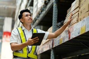 Logistics and export business concept. warehouse manager uses a tablet computer to inspect goods in a warehouse. photo