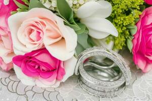 floral bouquet and wedding bands. AI Generative Pro Photo