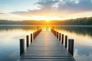 Wooden bridge with beautiful natural scenery background. AI Generative Pro Photo