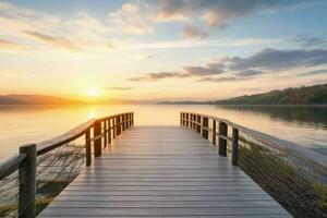Wooden bridge with beautiful natural scenery background. AI Generative Pro Photo