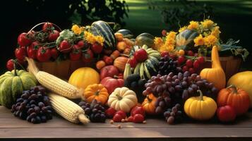 Harvest cornucopia overflowing with fruits and vegetable photo