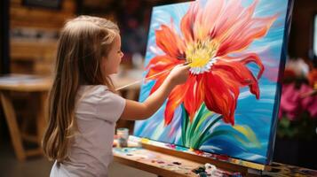 Little girl painting a flower with acrylics photo