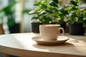 A Coffee Cup and Plant Adorn a Table in a Cozy Coffee Shop Studio Interior. photo