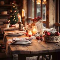 Rustic wooden table setting with festive accents photo