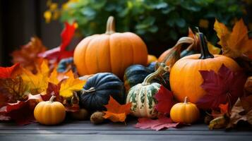 Colorful leaves and pumpkins evoke the essence of autumn photo