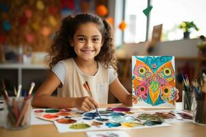 niño artista demostración apagado su obra maestra a el cámara foto