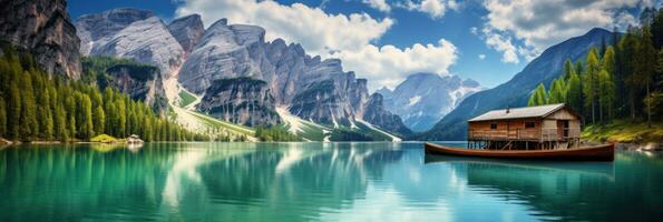 three huts with two boat in water on lake photo