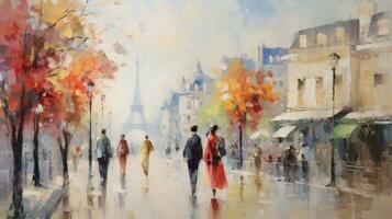 impressionist style oil painting. Bustling cityscape with bold brushstrokes and pops of color photo