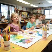 Kids painting with watercolors at school photo