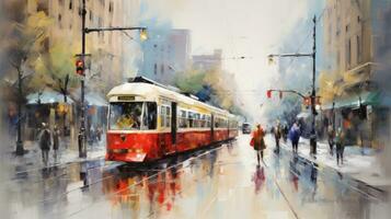 impressionist style oil painting. Bustling cityscape with bold brushstrokes and pops of color. photo