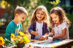 Group of children painting outdoors on a sunny day photo