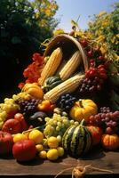 Harvest cornucopia overflowing with fruits and vegetable photo