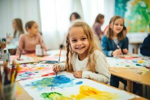Kids painting with watercolors at school photo
