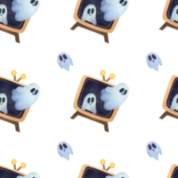 Funny cute ghosts fly out of old TV screen seamless pattern. Frightening hand drawn watercolor Halloween background for packaging paper, fabrics, wrapping gifts, scrapbooking wallpaper, textile png