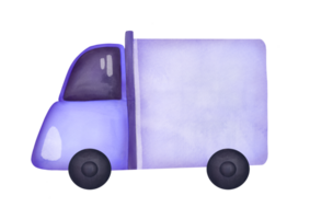 blue cute truck with big trunk. watercolor illustration of car isolated on transparent background. vehicle for the delivery of large cargo. clipart and cutout hand drawn art png