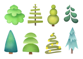 watercolor hand drawn Christmas trees cutout set on transparent background. Coniferous trees green New Year pack. Simple pine-trees clipart collection. Winter holiday evergreen forest tree png