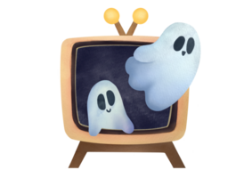 Funny cute ghosts fly out of old TV screen. Frightening watercolor illustration for Halloween isolated on transparent background. clipart and cutout hand drawn illustration png