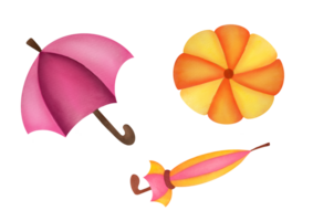 Regenschirme einstellen im verschiedene Positionen. Aquarell Clip Art Elemente isoliert auf transparent Hintergrund. öffnen und gefaltet Regenschirme. elegant Schutz von regnerisch Wetter im Herbst und Frühling png