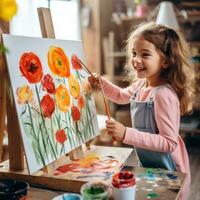 Little girl painting a flower with acrylics photo