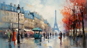 impressionist style oil painting. Bustling cityscape with bold brushstrokes and pops of color photo