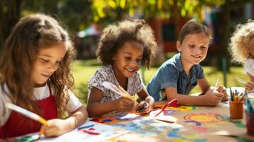 Group of children painting outdoors on a sunny day photo