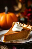 Close-up of a slice of pumpkin pie - delicious and tempting photo