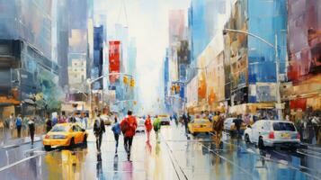 impressionist style oil painting. Bustling cityscape with bold brushstrokes and pops of color. photo