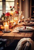 Rustic wooden table setting with festive accents photo