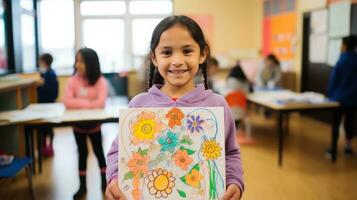 Child artist showing off their masterpiece to the camera photo