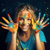 Girl with paint-splattered hands and face photo