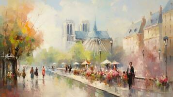 impressionist style oil painting. Bustling cityscape with bold brushstrokes and pops of color. photo