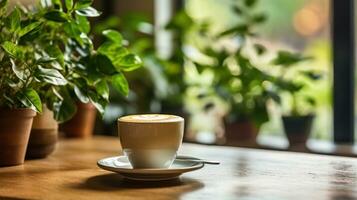 A Coffee Cup and Plant Adorn a Table in a Cozy Coffee Shop Studio Interior. photo