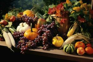 Harvest cornucopia overflowing with fruits and vegetable photo