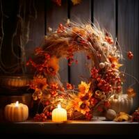 Autumnal wreath with warm lighting - welcoming and cozy photo